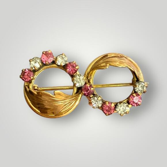 Vintage C.T. 1/20 10KT Gold Filled Double Circle Brooch Pink & Clear Rhinestones - Picture 6 of 8